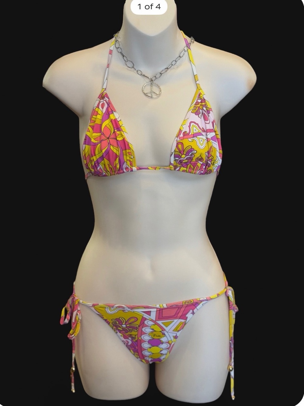 Emilio Pucci Pink and Yellow Floral Triangle Tie-Side Bikini